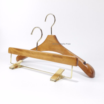 DL374 Coat top and bottom hanger lotuse wood with gold hook U-notch wood hanger